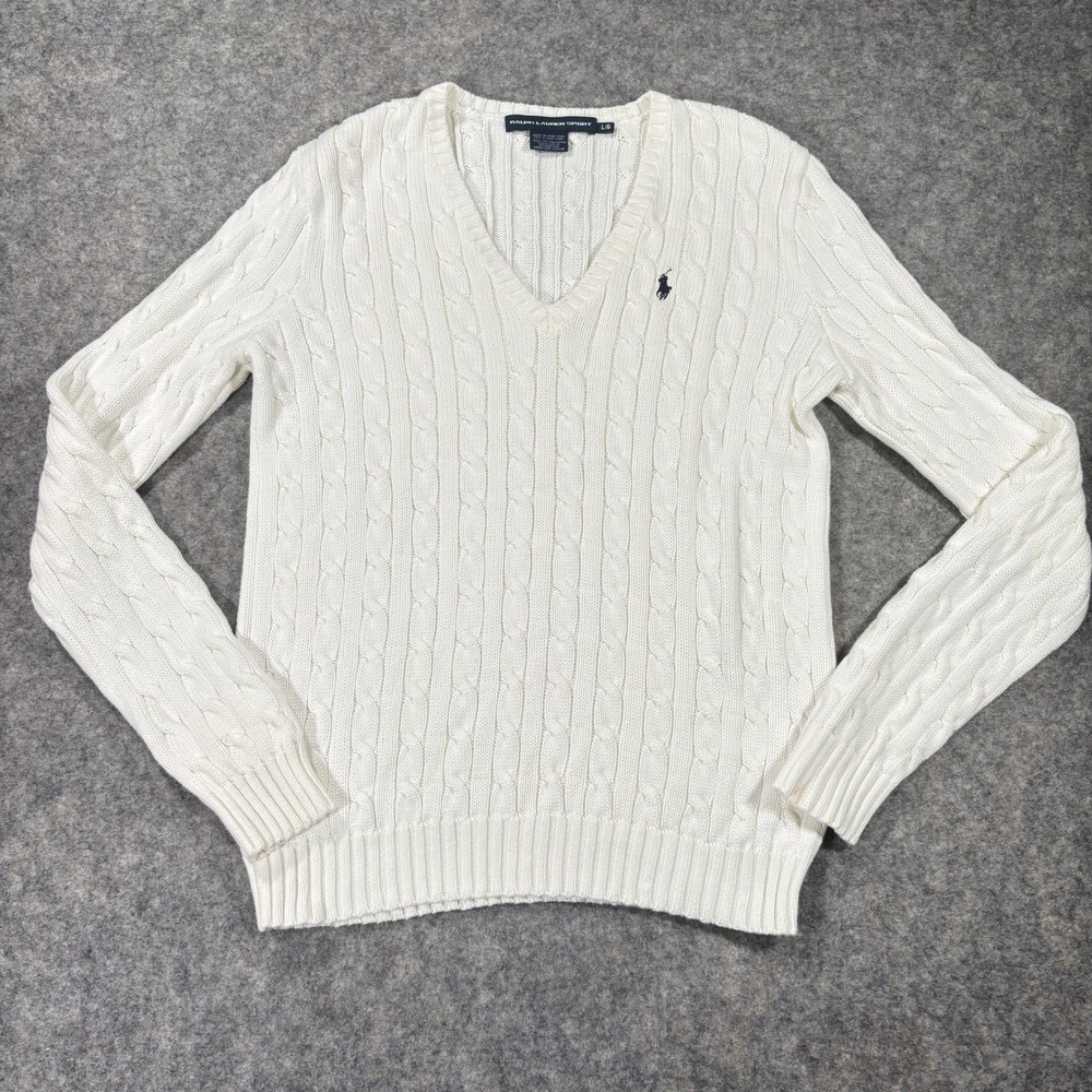 Ralph Lauren Sport Sweater Womens L White Cotton Cable Knit V-Neck Preppy Pony